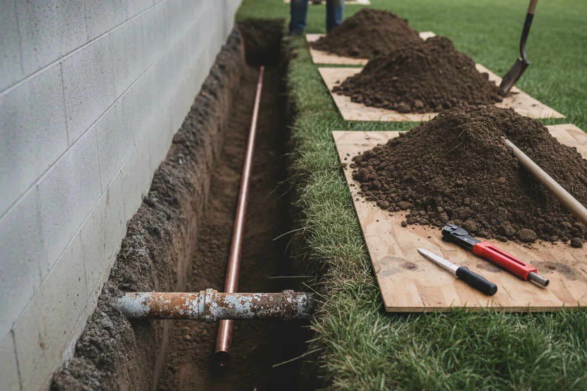 Excavated water line trench during Water Softener Installation in Red Bud